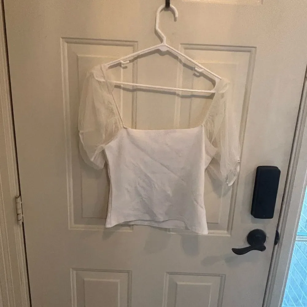 Free People White Fitted Short Sleeve Blouse with Whimsical Sheer Puff Sleeves